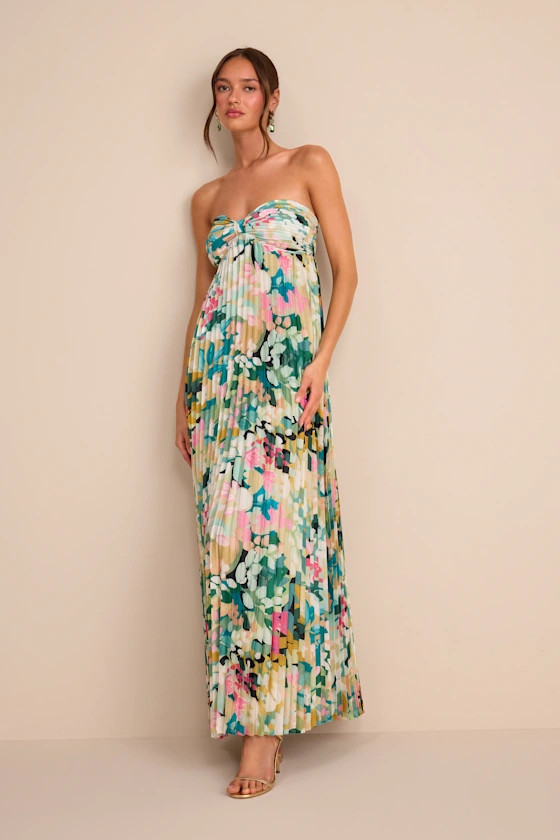 Whimsical Beauty Multi Floral Satin Plisse Strapless Maxi Dress | Lulus