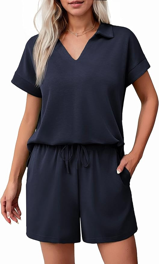 PINSPARK 2 Piece Sets for Women Summer Lounge Sets Short Sleeve Sweatsuit V-neck Tops and Drawstr... | Amazon (US)
