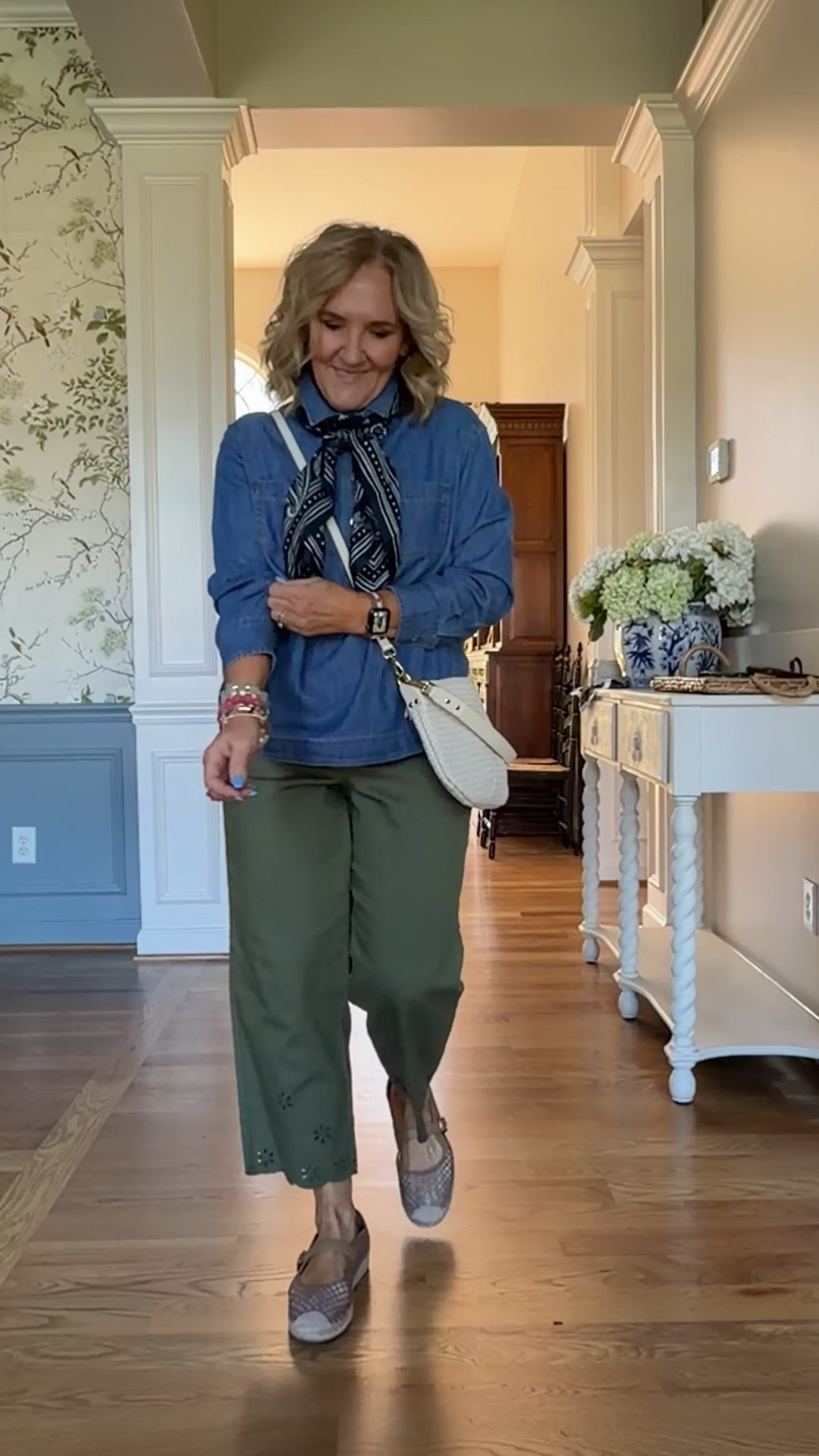 Denim popover size medium petite 
Give it a different look with this oversized silk bandana 
Pants size 8 petite
Very very comfortable espadrilles 
20% off my bracelet stack code NANETTE20

#LTKPetite #LTKOver40 #LTKSaleAlert