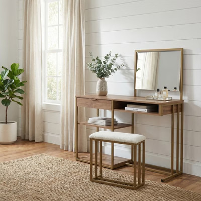 Airsurfer Vanity Table Natural Wood and Gold Vanity Set Modern Elegance Vanity Set Makeup Station for Bedroom Organization | Target