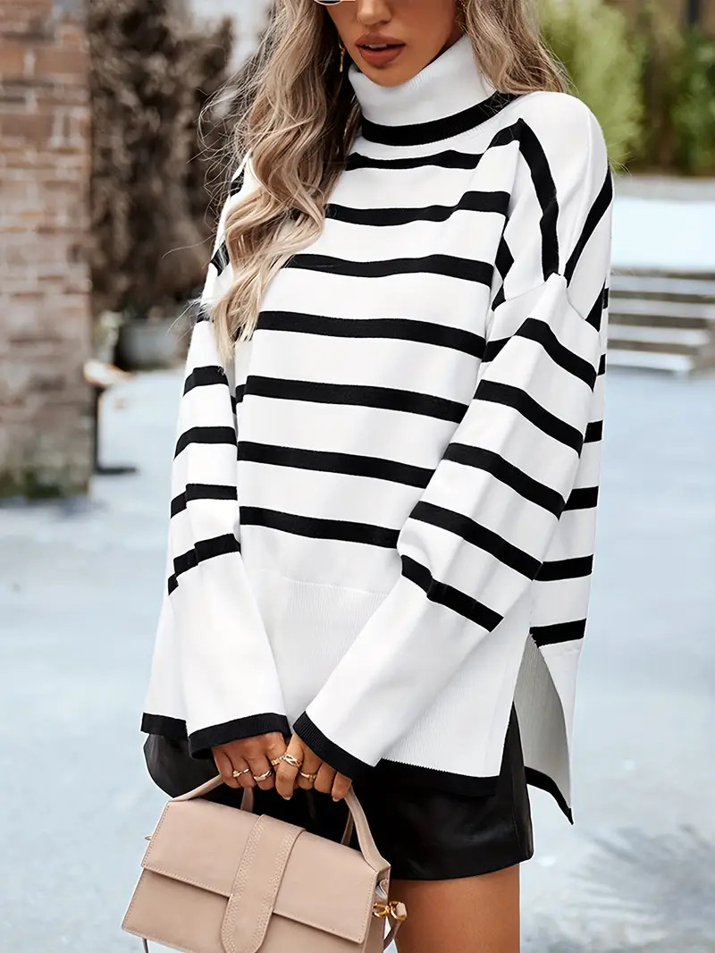 Striped Pattern Turtleneck Split Sweater Versatile Drop - Temu | Temu Affiliate Program