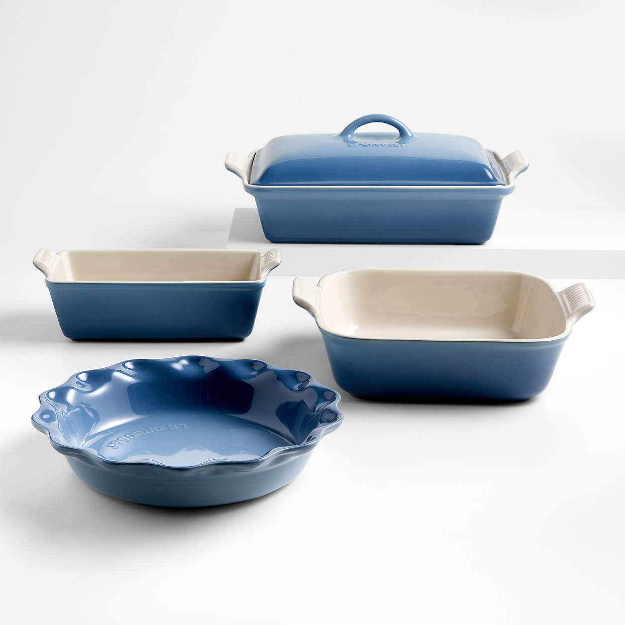 Le Creuset Heritage Chambray 5-Piece Stoneware Bakeware Set + Reviews | Crate & Barrel | Crate & Barrel