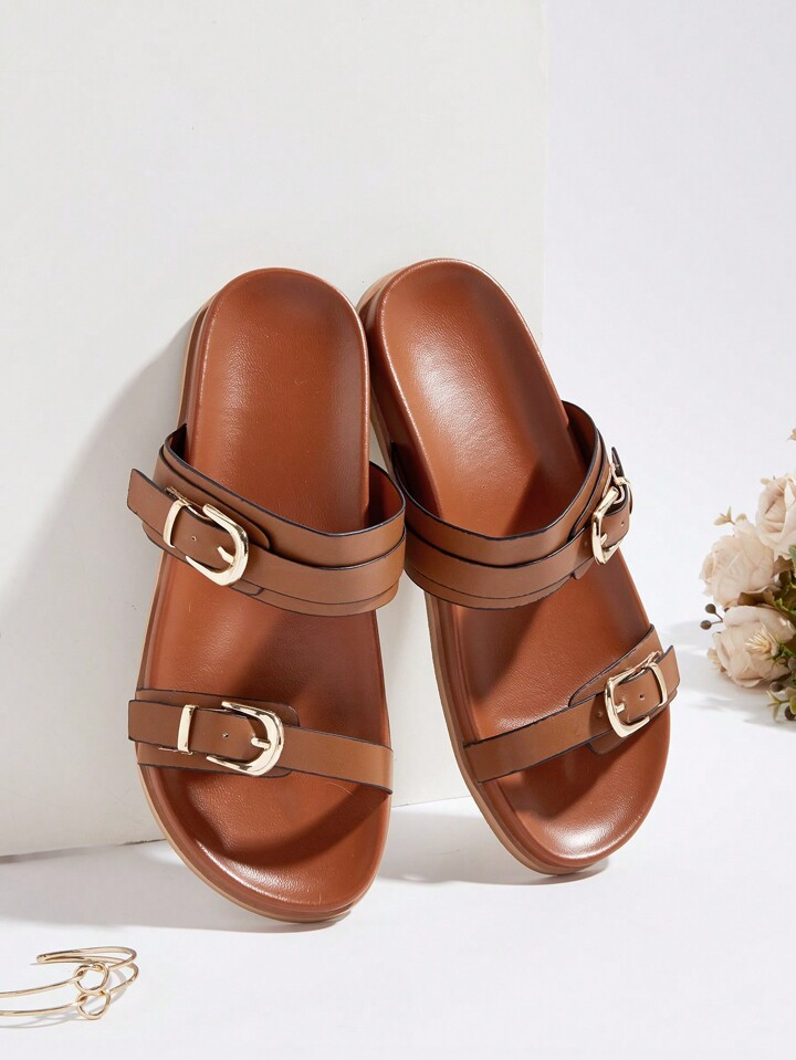 Casual Holiday Brown Metal One-Strap Flat Sandals | SHEIN