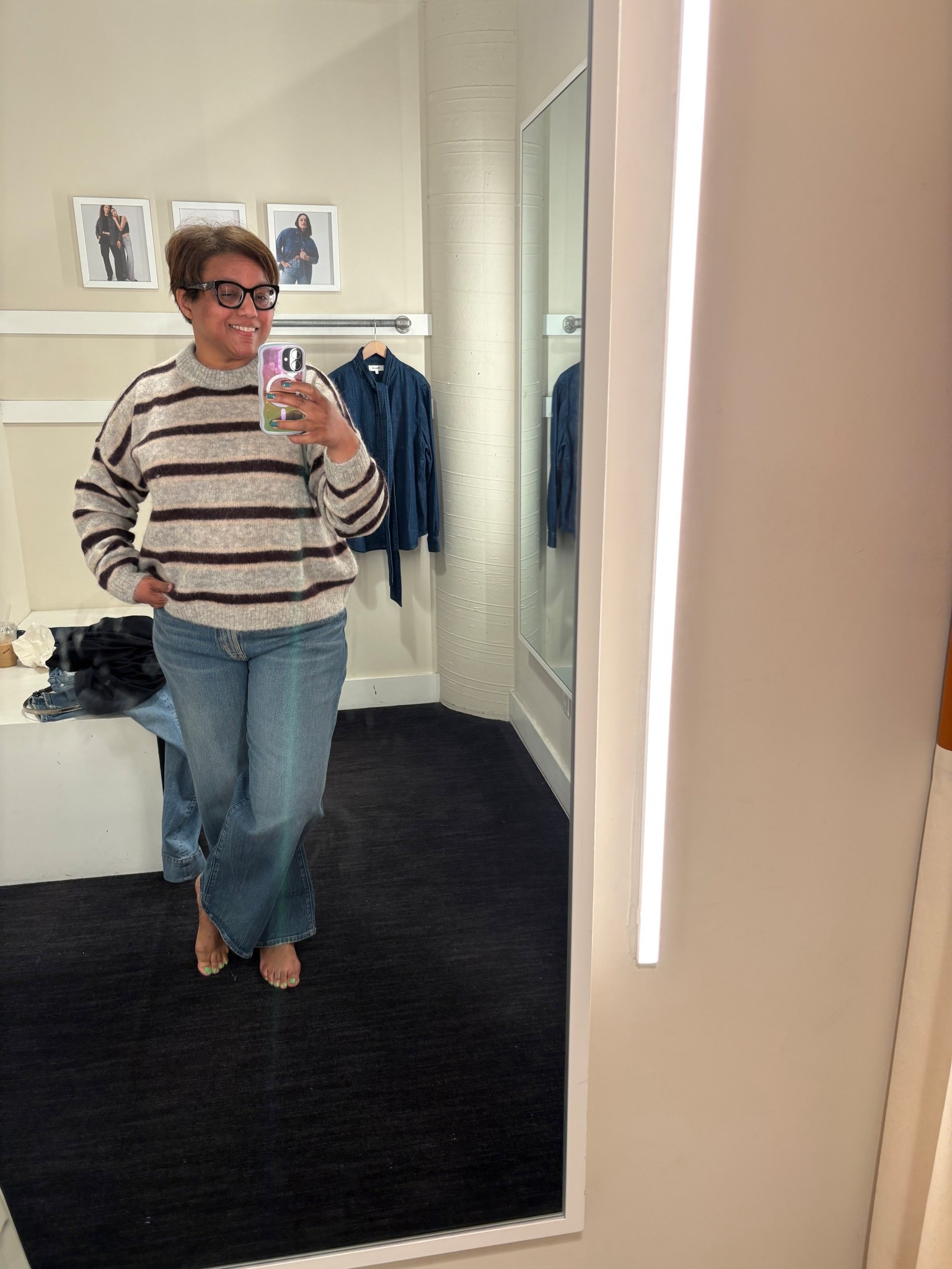 Cozy stripes and incredible jeans! Fit is TTS for both! 