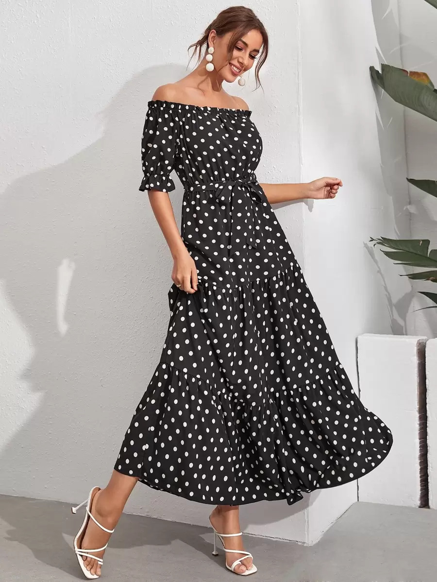 Polka Dot Belted Bardot Dress | SHEIN