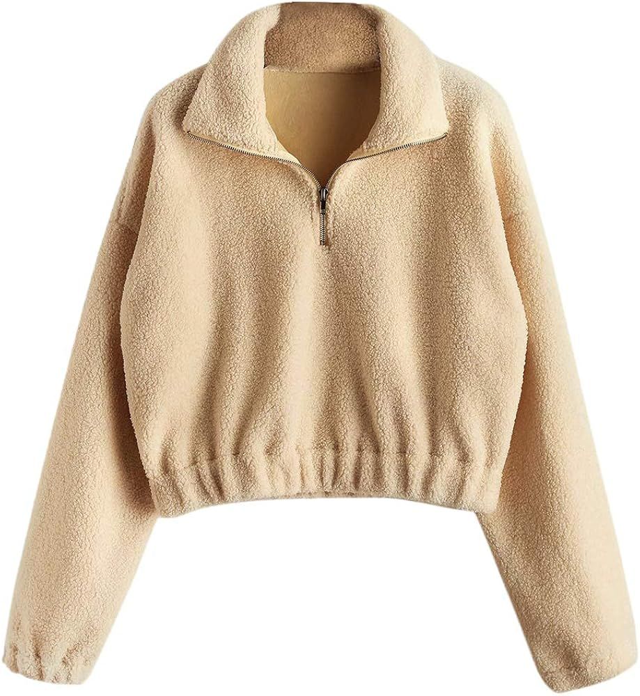 ZAFUL Women's Fashion Long Sleeve Lapel Half Zip Plain Faux Fur Sweatshirt Solid Color Crop Pullover | Amazon (US)