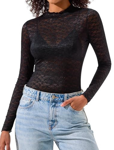 IWD Womens Mesh Long Sleeve Tops Sheer Lace Blouses Sexy See Through Mock Neck Tee Shirts Black | Amazon (US)