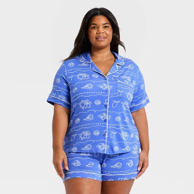 Women's Cloud Knit Short Sleeve Notch Collar Shirt and Shorts Pajama Set - Auden™ Blue Shells 1X | Target