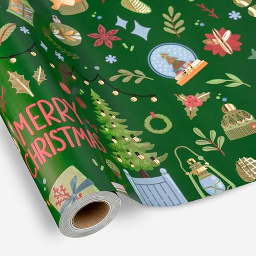 Burymento Christmas Wrapping Paper, Green Gold Leaf Christmas Tree Design Gift Wrapping Paper Suitable for Holiday, Mini Roll (17 Inch X 32.8 Feet) | Amazon (US)
