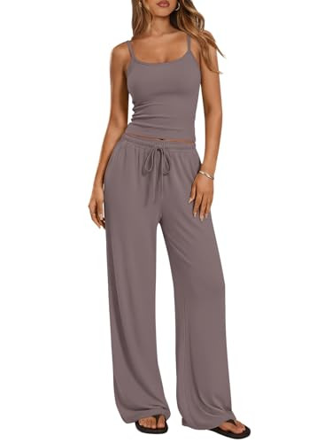 Trendy Queen Women's 2 Piece Lounge Set Spring Outfits - Camisole Top & Wide Leg Pants | Amazon (US)