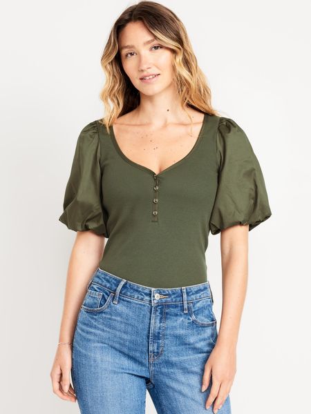 Puff-Sleeve Mixed Fabric Top | Old Navy (US)