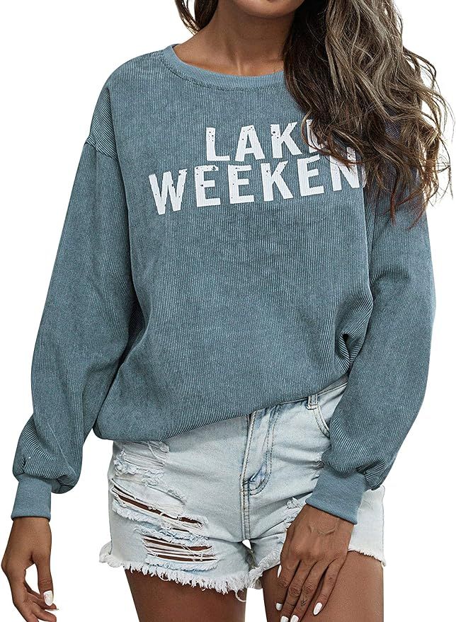 Mluhgrb Women O Neck Long Sleeve Lake Weekend Letter Print Corduroy Sweatshirt Tops | Amazon (US)