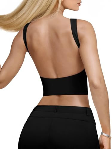 REORIA Women's Summer Sexy Open Back High Neck Sleeveless Tank Top Double Lined Y2k Trendy Backless Crop Tops Black Small | Amazon (US)