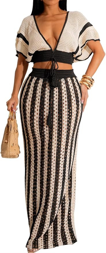 Angsuttc Skirt Sets Women 2 Piece Outfits Crochet Crop Tops and Striped Maxi Skirt Vacation Outfi... | Amazon (US)
