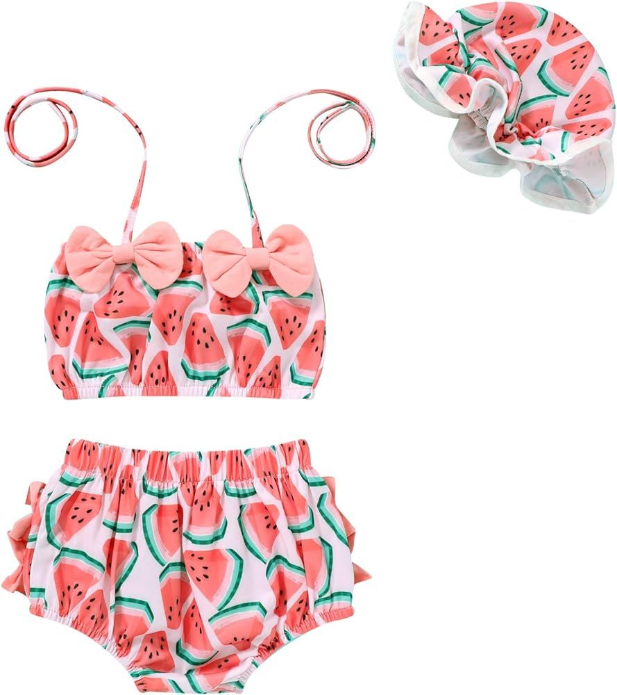 Tiny Cutey Infant Baby Girl Bikini Swimsuit Sunflower 3 Piece Bathing Suit Halter Top Bikini Bottoms | Amazon (US)