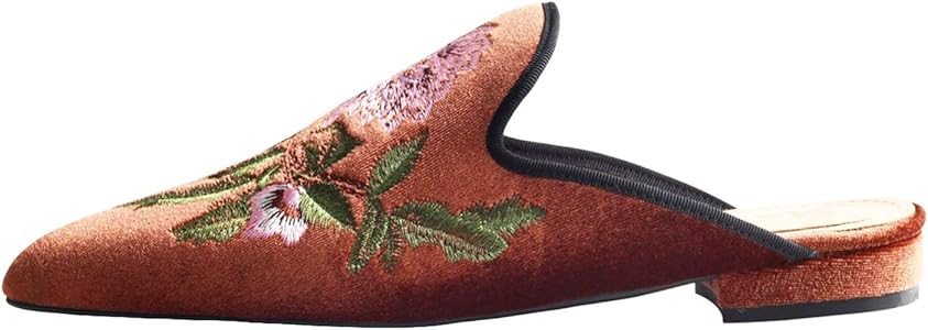 Fericzot Women's Velvet Backless Pointed Toe Slip On Loafers Flats Embroidery Mule Slippers Shoes | Amazon (US)