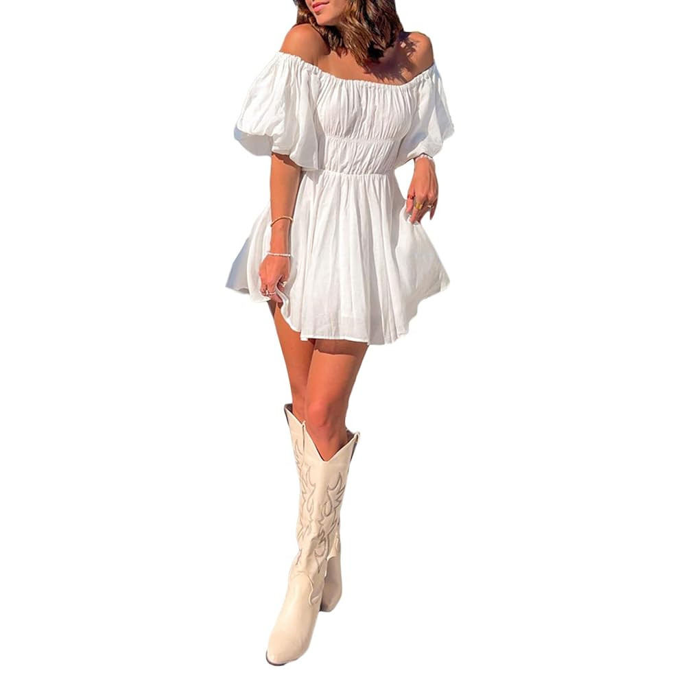 Zempertoopa Women 's Off Shoulder Mini Dress Short Puff Sleeve Flowy Dress Ruffle White Pirate Dr... | Amazon (US)