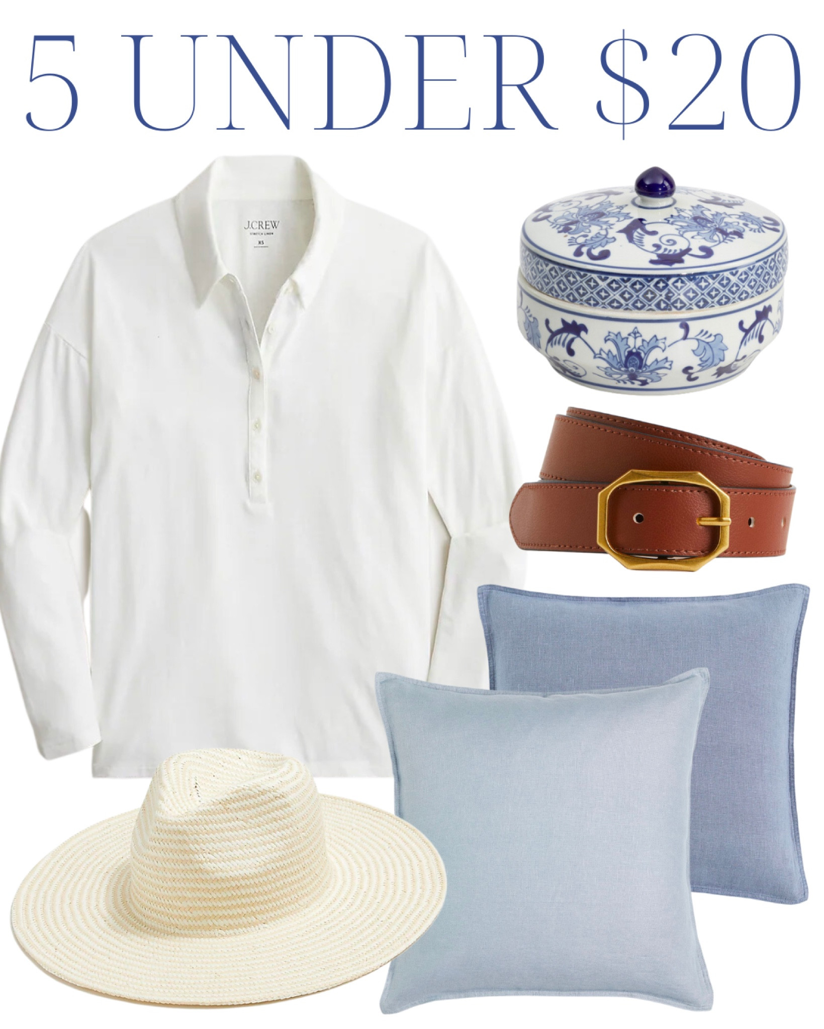 Grandmillenial home, blue and white, coastal home, summer outfit, classic home, white shirt, pillow cover, linen, hat, beach hat, belt 

#LTKhome #LTKSeasonal #LTKstyletip