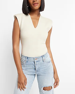 Body Contour V-Neck Padded Shoulder Sweater Thong Bodysuit | Express