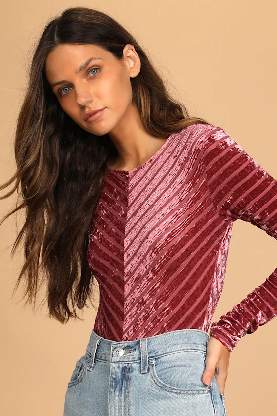 Save the Date Dusty Pink Velvet Striped Long Sleeve Bodysuit | Lulus