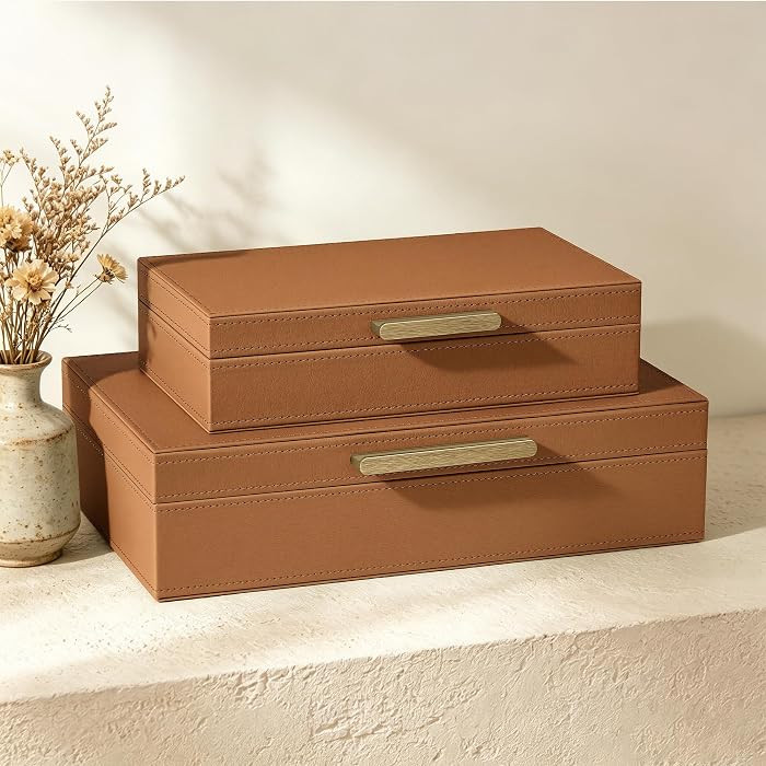 JARLINK Decorative Storage Boxes with Lids, PU Leather Bins, 2 Pack, Brown | Amazon (US)