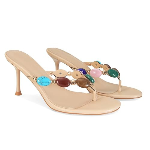 MAIJED Jewelled Thong High Heel Sandals for Women Flip Flop Slip On Heeled Mules Round Open Toe Strappy Stiletto High Heels Wedding Party Dress Shoes Nude US9 | Amazon (US)
