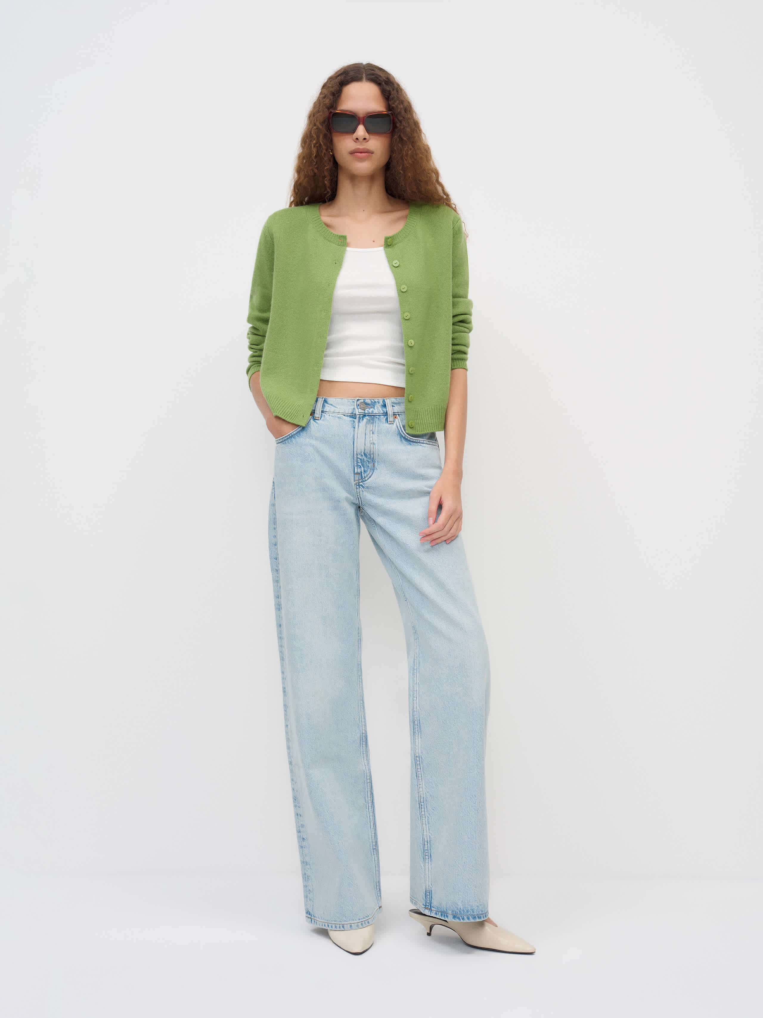 Reformation Clara Cashmere Crew Cardigan Green Bean XS | Reformation (Global)