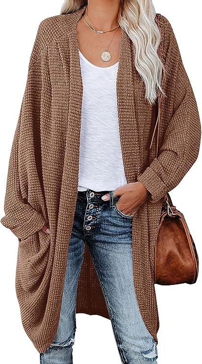 ZoeAce Womens Open Front Knit Cardigan Long Batwing Sleeve Oversized Sweater Chunky Waffle Cable ... | Amazon (US)