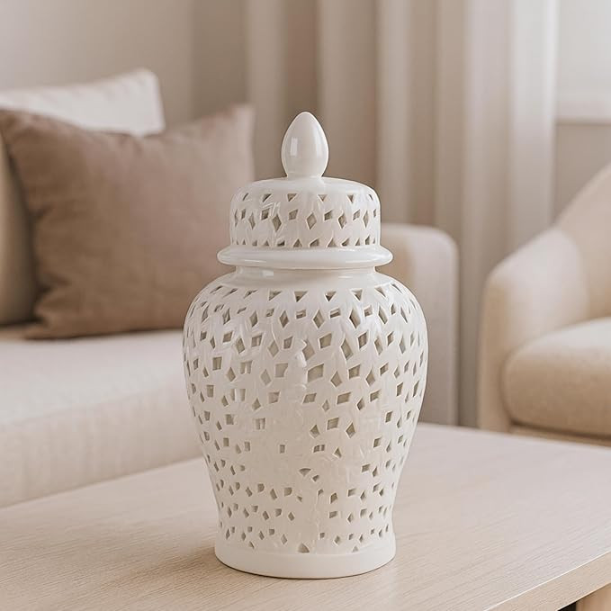 Pierced Lattice Ginger Jar with Lid – Hand-Painted Stoneware Ceramic Decorative Vase for Home D... | Amazon (US)