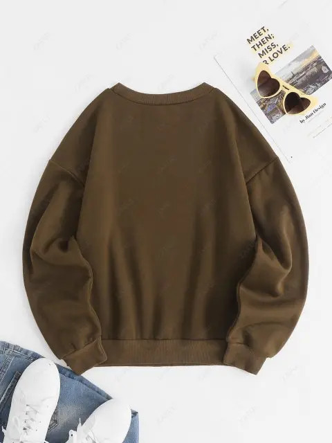 Crewneck EVERYTHING Graphic Fleece-lined Sweatshirt - Deep Coffee M | ZAFUL (Global)