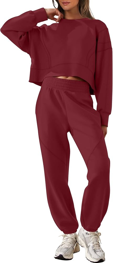 ANRABESS Womens 2 Piece Outfits Lounge Sets Cropped Sweatshirt & Joggers Fashion Sweatsuit Sweat ... | Amazon (US)