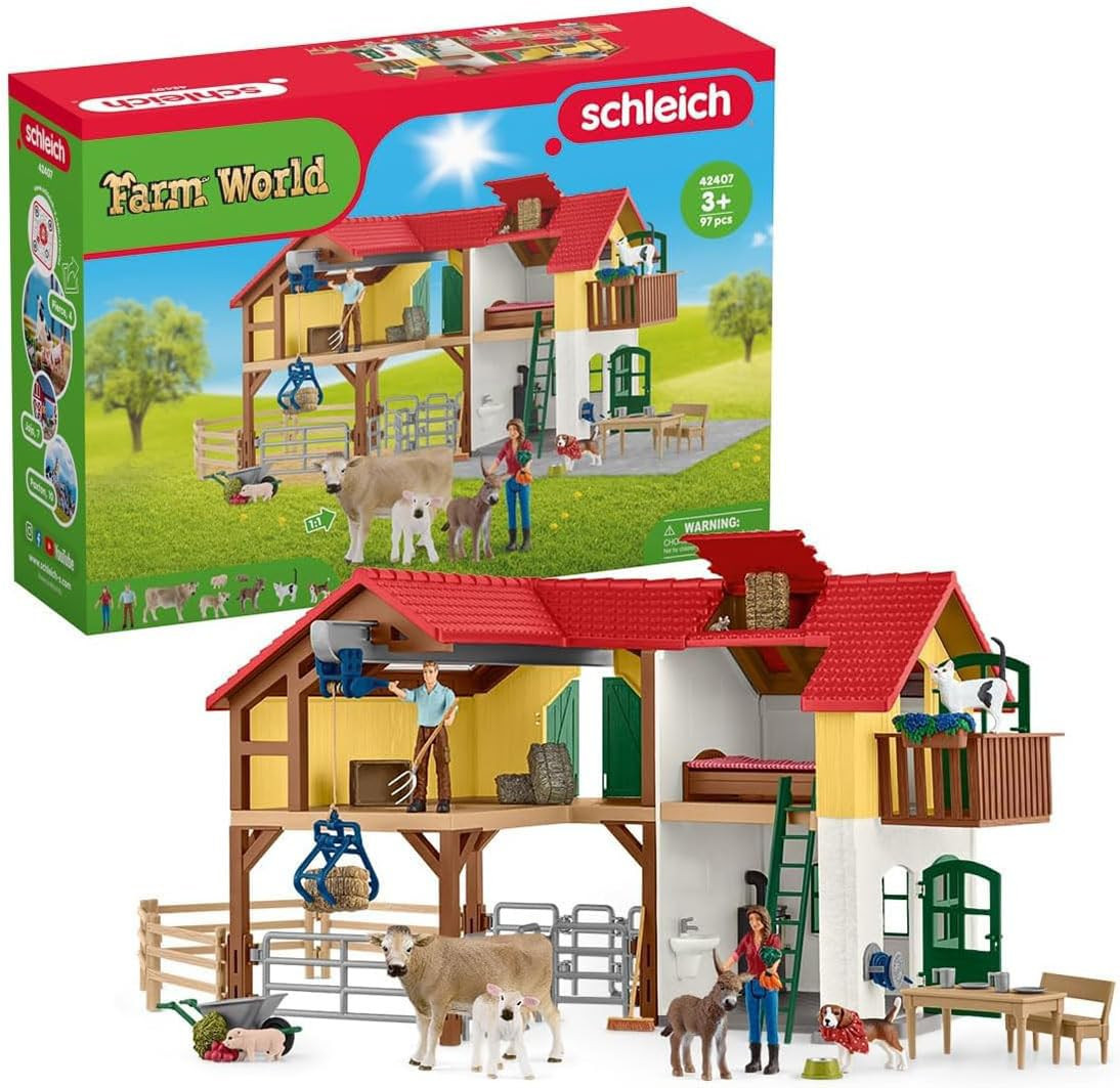 Schleich Farm World — Large Farm House, 97-Piece Toy Farm House with 3 Rooms, Farmer Figurines and Multiple Animal Toys with Accessories, Farm Toys for Boys and Girls Ages 3+ | Amazon (US)
