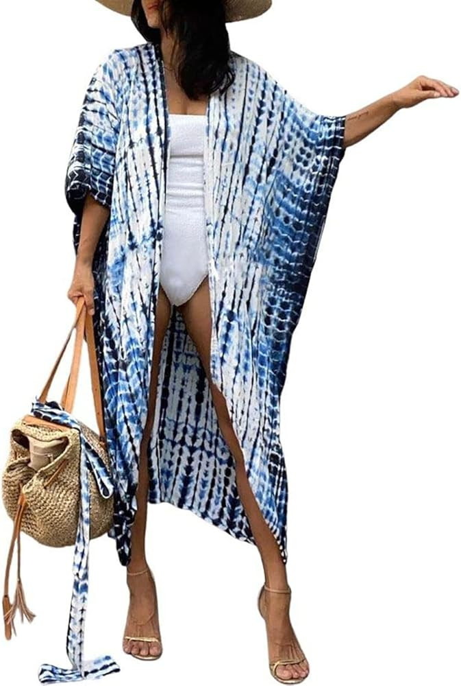 Bsubseach Stylish Tie Dye Open Front Long Kimono Swimsuit Cover Up for Women Swimwear Cover Ups | Amazon (US)