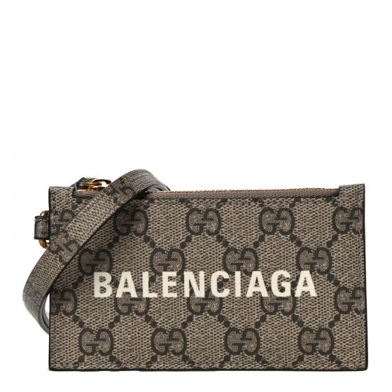 GUCCI X BALENCIAGA GG Supreme Monogram Card Case With Strap Beige Ebony | FASHIONPHILE (US)