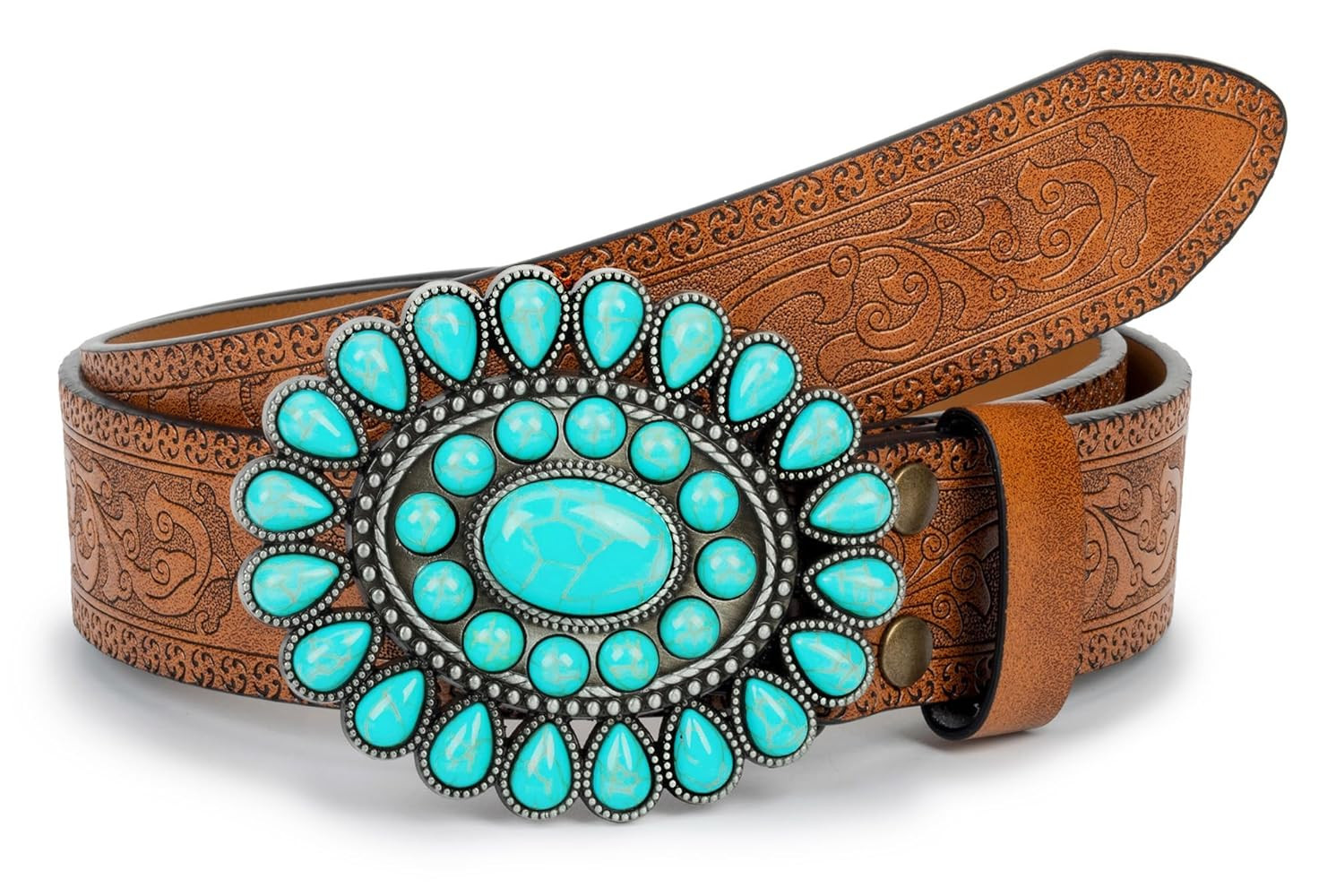 UTOWO Western Cowgirl Belt for Women,Vintage Engraved Tooled Leather Belt Turquoise Cowboy Countr... | Amazon (US)