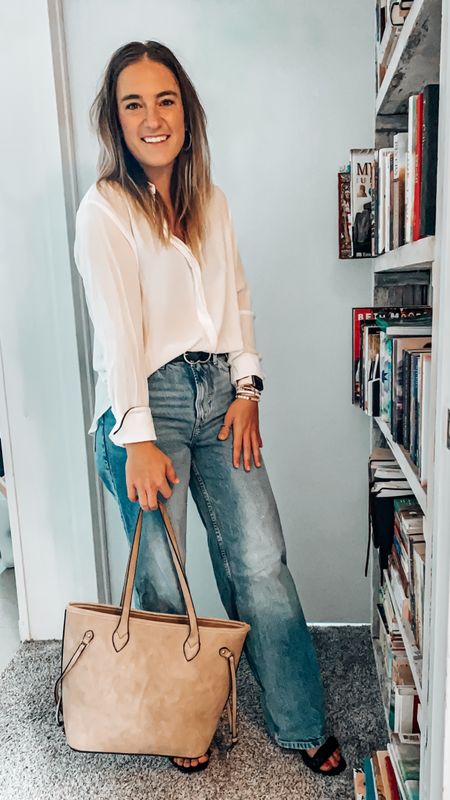 Work outfit 
Women’s work outfit 
Office outfit 
Outfit for work 
Outfit for office 
Business casual 
Straight jeans 
Jeans 
How to style straight jeans
Button down top
Button down 
Tote bag 
Heels 
Heels and jeans 

#LTKitbag #LTKshoecrush #LTKstyletip