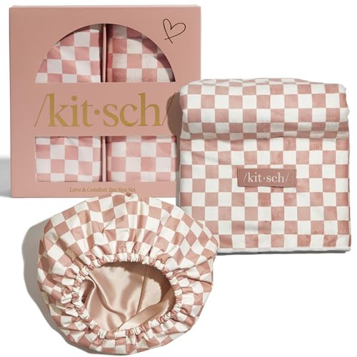 Kitsch Love & Comfort 2PC Spa Set - Satin Lined Reusable Waterproof Shower Cap and XL Quick Dry Hair Towel Wrap for Women, Microfiber Towel, Flexi Shower Cap For All Hair Types - Terracotta Checker | Amazon (US)