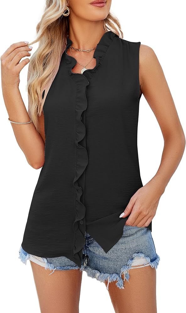 Famulily Ruffle Tank Top for Women V Neck Ruffled Collared Shirts Sleeveless Ruffle Placket Butto... | Amazon (US)