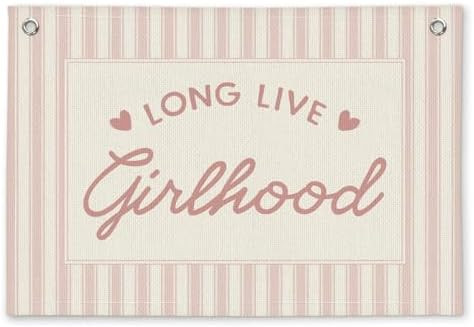Preppy Long Live Girlhood Pink Striped Girls Room Decor - Linen Banner Wall Hanging Canvas Banner... | Amazon (US)