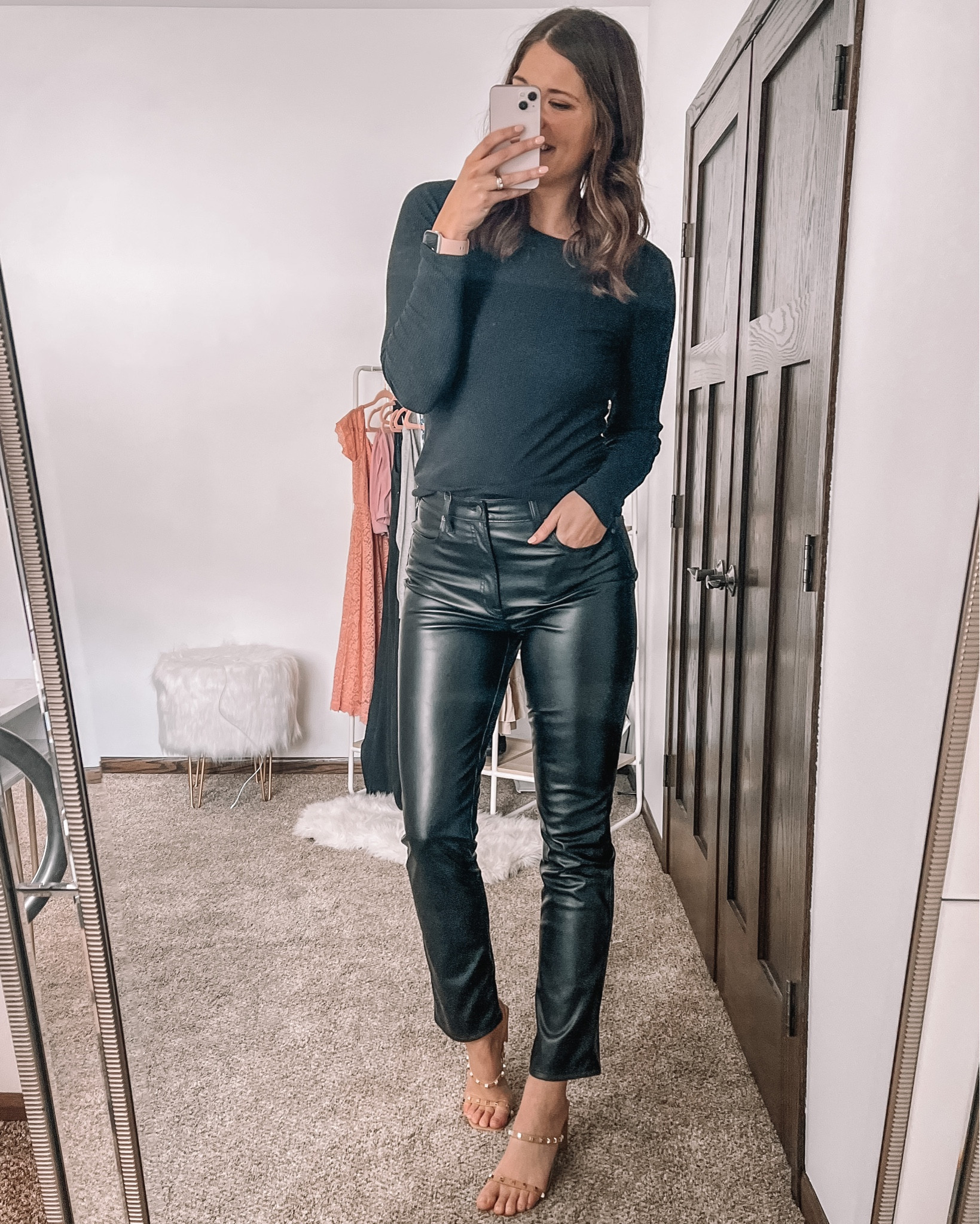 Black faux leather straight leg pants available in 5 lengths. Wearing a 31 tall. 

#LTKSeasonal #LTKstyletip #LTKunder100