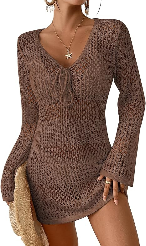Bsubseach Women Swimsuit Crochet Coverup Long Sleeve V Neck Beach Knit Bathing Suits Cover Ups Me... | Amazon (US)
