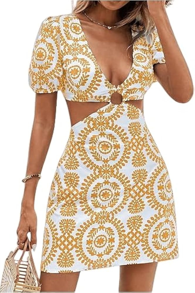 Summer Dresses for Women 2025 Vacation,Sexy Bodycon Cut Out Short Puff Sleeve Tie Back Dress for ... | Amazon (US)