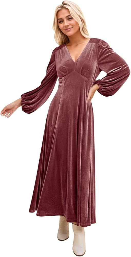 Wchecalino Velvet Bridesmaid Dresses Long Sleeve A Line V Neck Formal Wedding Guest Gown | Amazon (US)