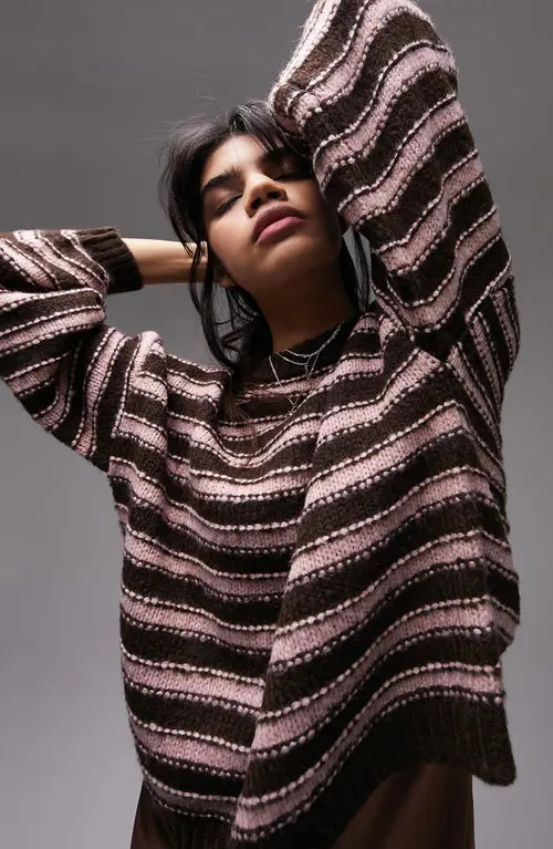 Topshop Stripe Mixed Stitch Sweater in Pink Multi at Nordstrom, Size Small | Nordstrom