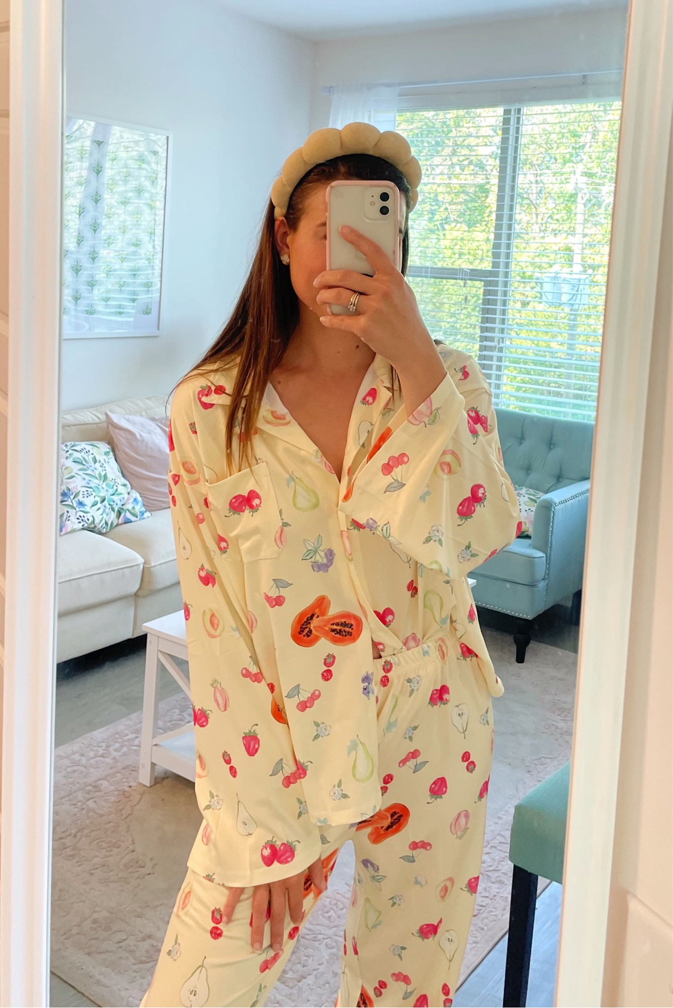 Under $40 Djerf Avenue inspired fruit print pajamas from Amazon 🫐🍑 Wearing a size S, runs with an oversized fit and has an elastic waist for some stretch. Super soft and comfortable!! Warning, these come with that scent you sometimes get with Amazon clothes… just needs wash! 

Wearing with my Amazon terry headband and Van Cleef dupes#LTKxPrime

#LTKU #LTKbeauty