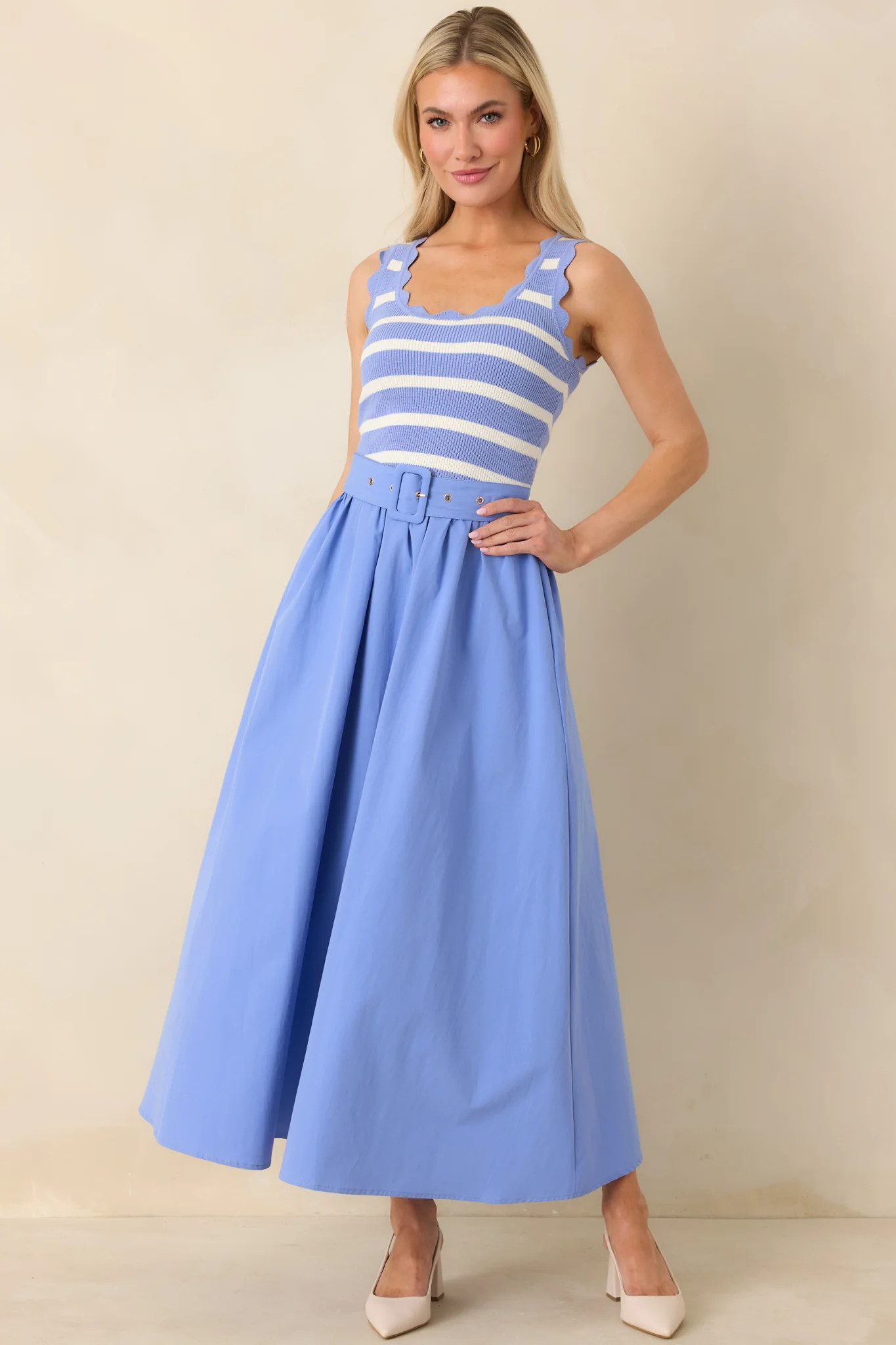 Prosperina Greer Sky Blue Stripe Cotton Midi Dress | Red Dress