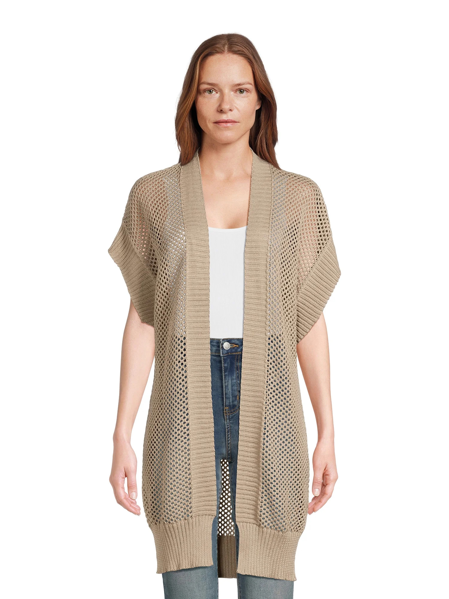 Time and Tru Women's Open Knit Crochet Layering Piece, Beige | Walmart (US)