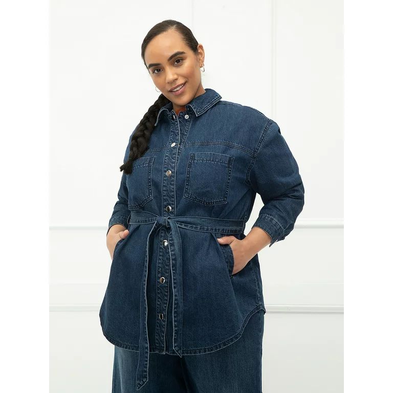 ELOQUII Elements Women's Plus Size Belted Denim Shirt Jacket | Walmart (US)