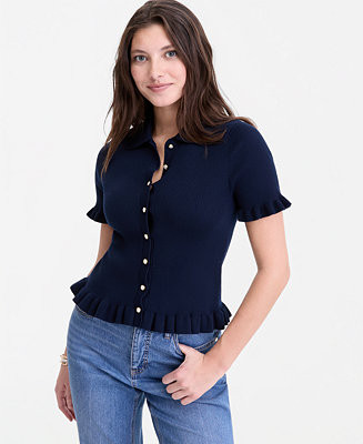 Women's Short-Sleeve Ruffle-Trim Collared Sweater, Macy's Exclusive | Macy's