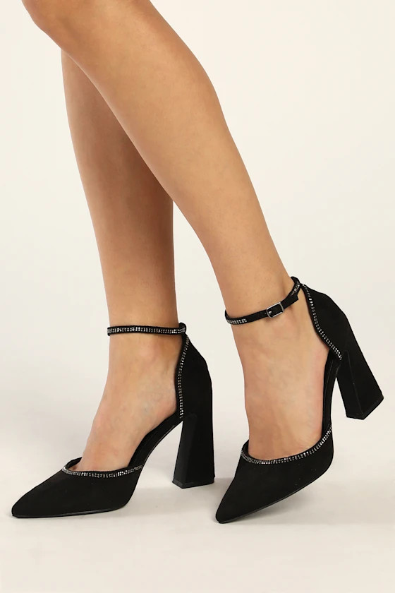 Lingie Black Suede Rhinestone Pointed-Toe Pumps | Lulus (US)